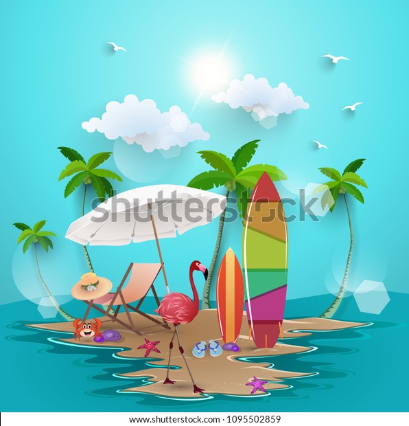 island beach with summer elements. summer time\
with a blue sky\
background