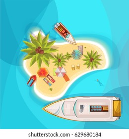 Island beach top view with blue sea, people on loungers under parasols, boats, palm trees vector illustration