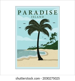 island or beach vintage poster vector background illustration template design. coconut tree or palm tree at paradise island concept with classic and retro style poster