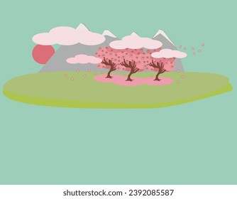 Island with blooming sakura trees, mountains, meadow, river, sun, clouds and flying petals. Fairytale turquoise background, vector cartoon illustration for banners, web design with place for text