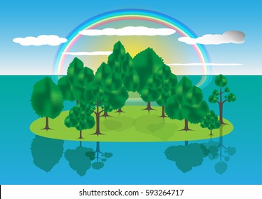 Island and blue sea with rainbow background