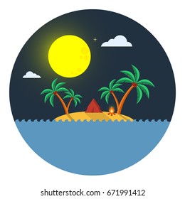 Island camp. Flat vector illustration depicting an isolated island somewhere in the ocean.