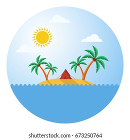 Island camp. Flat vector illustration depicting an isolated island somewhere in the ocean.