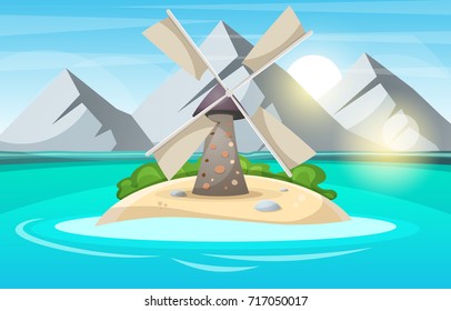 Island cartoon. Mountain, sun, cloud, wind mill sea and bush Vector eps 10