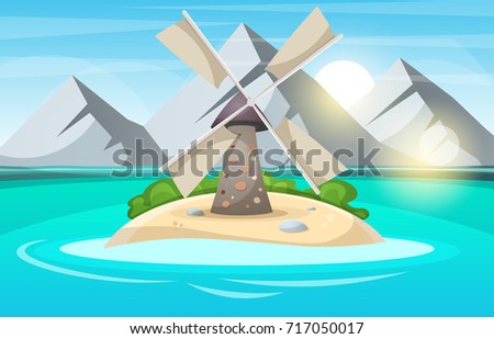 Island cartoon. Mountain, sun, cloud, wind mill sea and bush Vector eps 10