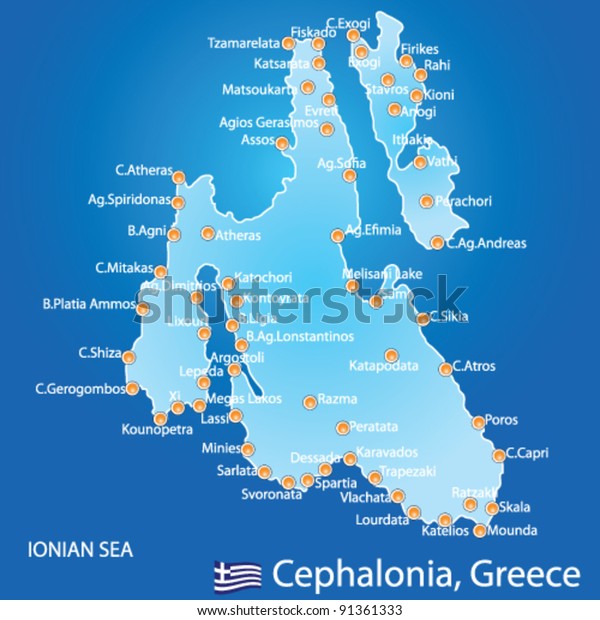 Island Cephalonia Greece Map On Blue Stock Vector Royalty Free 91361333   Island Cephalonia Greece Map On 600w 91361333 