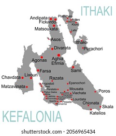 Island of Cephalonia in Greece vector map silhouette illustration isolated on white background. Ithaki, Ithaca island near the Kefalonia.