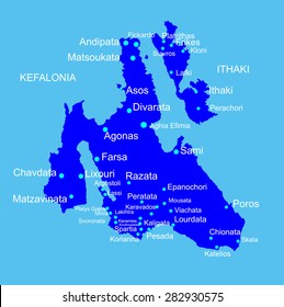 Island of Cephalonia in Greece vector map silhouette illustration isolated on blue background. Ithaki, Ithaca island near the Kefalonia.