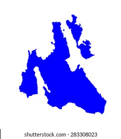 Island of Cephalonia in Greece vector map high detailed silhouette illustration isolated on blue background. Ithaki, Ithaca island near the Kefalonia.