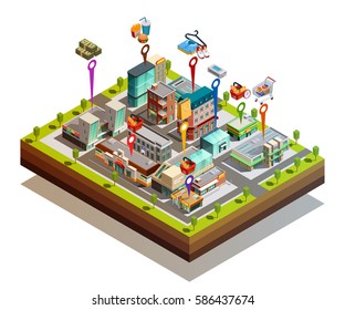 Island city isometric concept with numerous store buildings on white background vector illustration
