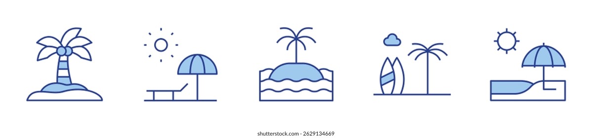 island, coconut tree, beach, sunbed. Vacation Icon vector illustration. Line Duotone style. Editable stroke