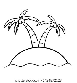 island with coconut tree outline hand drawn illustration	