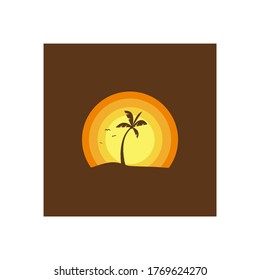 island with coconut trees and flying birds, and sunset background