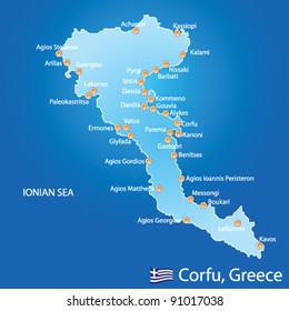 Island of Corfu in Greece on blue background