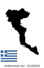 Island of Corfu in Greece vector map silhouette, high detailed illustration isolated on white background. National flag of Greece.