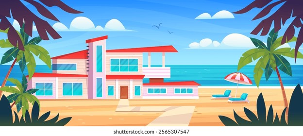 Island cottage. Modern bungalow tropical resort, private luxury villa hotel apartment on ocean beach exotic paradise seaside summer vacation or holiday, swanky vector illustration original artwork