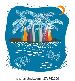Island in dark blue background with palms and moon in sky