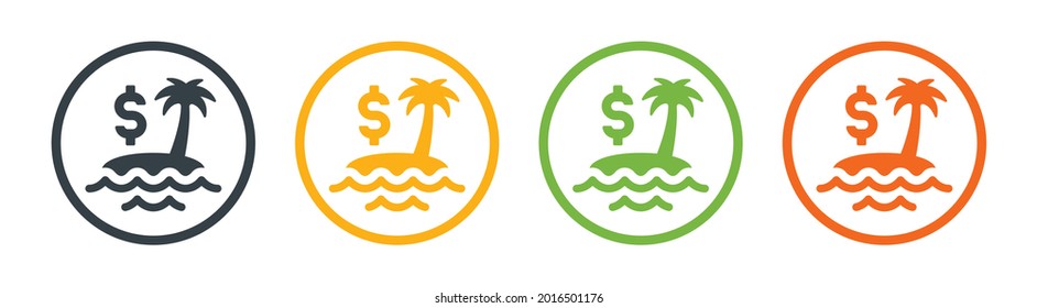 Island with dollar currency icon. Tax haven or fiscal paradise symbol graphic.