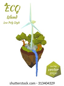 Island falling river and wind turbines isolated on white background. Nature, landscape. Green tourism. Low poly style. Vector illustration.