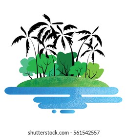 The island is filled with trees, surrounded by a large freshwater.