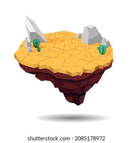 The island is floating in the air. Background with desert, cactuses and stones. Flat illustration isolated on white background.