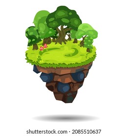 Die Insel schwimmt in der Luft. Hintergrund mit Wald, Gras und Pilzen. Flache Illustration einzeln auf weißem Hintergrund.