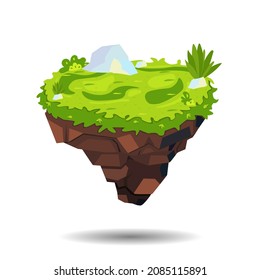 The island is floating in the air. Background with grass, plants and stones. Flat illustration isolated on white background