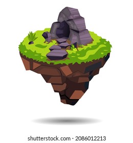 The island is floating in the air. Background with a stone cave. Flat illustration isolated on white background.