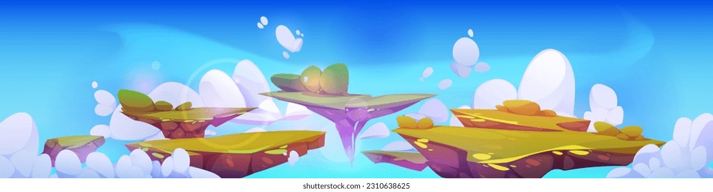 Island floating in sky fantasy game background. Magic landscape with flying land environment for ui videogame design. heaven dream paradise scenery with lawn platform level or fight grass arena