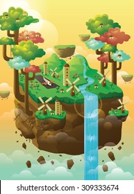 Island floating in the sky with trees, windmill, houses, and waterfall.