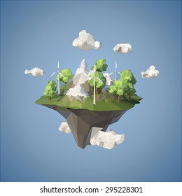Island floating in the sky with wind turbine and trees, low poly style.