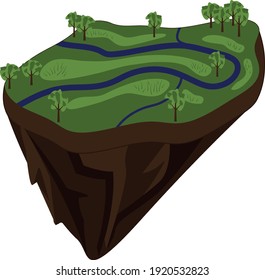 island floating in zero gravity with meadows, rivers and trees, isometric picture