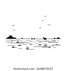 Island with Flying Birds in Minimal Silhouette Style for Nature, Travel, and Freedom Concepts