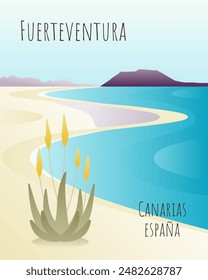 Island of Fuerteventura, Canary Islands, Spain. Yellow flowering Aloe vera plant with the beach and Atlantic ocean. Modern minimalist travel poster. Travel and tourism concept. Hand drawn vector eps.