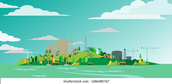 The island is full of heavy construction, as petroleum mining. Surrounded by the sea, the oil refining plant seems large. With sunny weather