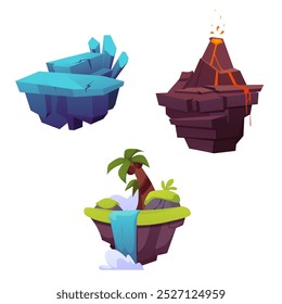 Island game. Vector illustration of a set with fantastic floating islands on an isolated background. Includes playful islands with a volcano, waterfall and ice crystals.