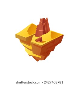 Island gaming scene. Vector 3D illustration of floating islands with sand dunes and rock mountains for an immersive gaming environment. Flying platform on an isolated background.