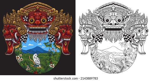 the island of gods vector illustration. barong mask with balinese landscape.