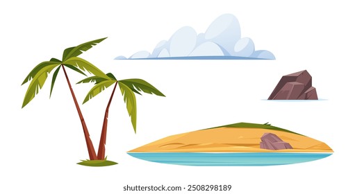 Island with gold sand and rocks, isolated pirate land. Vector palm tree and clouds at sky. Shore of ocean or sea, expedition and exploration, holiday and voyage adventure. Game design elements