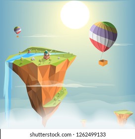 Inselgrüne Landschaft mit Baum- und Windhaus, Ballon bunt darüber mit Sonnenuntergang und bewölktem blauem Himmelshintergrund, Low-Poly-Poly-Polygon, isometrisches Design, Fantasie für Spiel, Vektorgrafik.