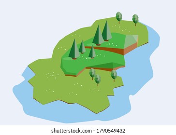 The island is green and surrounded by lakes, perfect for golf courses