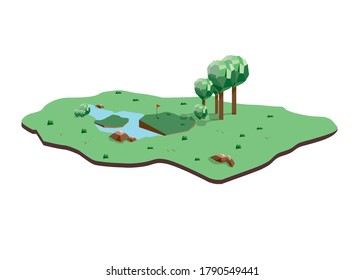 The island is green and surrounded by lakes, perfect for golf courses