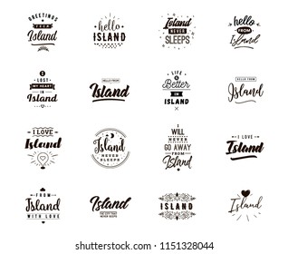 Island. Greeting cards, vector design. Isolated logos. Typography set.
