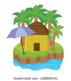 
An island having hut and plants, exotic island 
