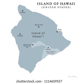 Island of Hawaii, gray colored political map. Largest island in the U.S. State of Hawaii in the North Pacific Ocean. Big Island, Big I, Hawaii Island. English labeling. Illustration over white. Vector