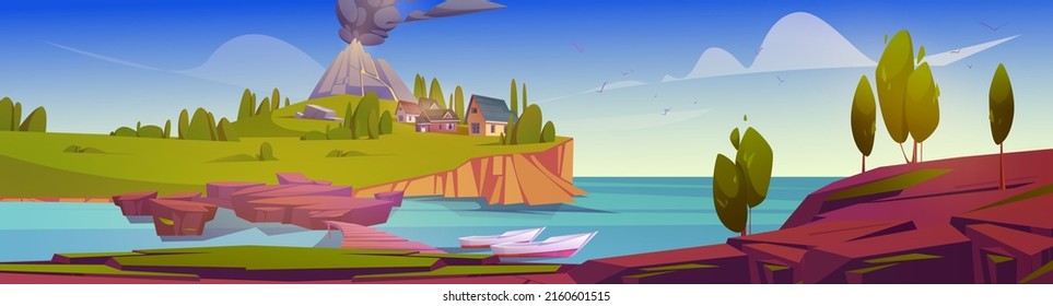 Island with houses and volcano with black smoke clouds. Vector cartoon illustration of summer mediterranean landscape with sea harbor, village and volcanic eruption