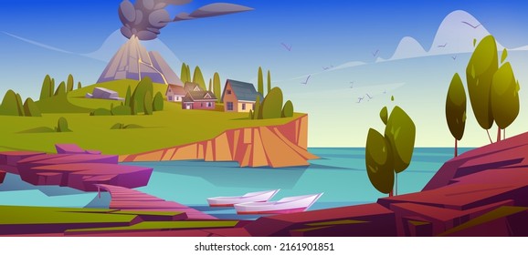 Island with houses and volcano with black smoke clouds. Vector cartoon illustration of summer mediterranean landscape with sea harbor, village and volcanic eruption