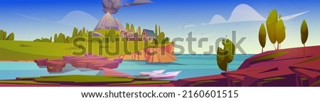 Island with houses and volcano with black smoke clouds. Vector cartoon illustration of summer mediterranean landscape with sea harbor, village and volcanic eruption