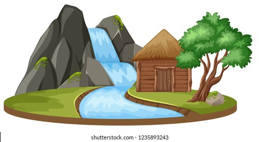 Island with hut and waterfall illustration