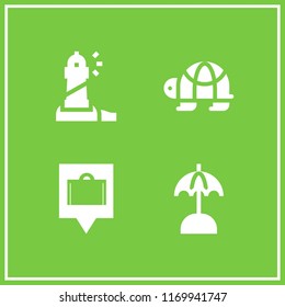 island icon. 4 island vector set. sun umbrella, hotel location, turtle and lighthouse icons for web and design about island theme